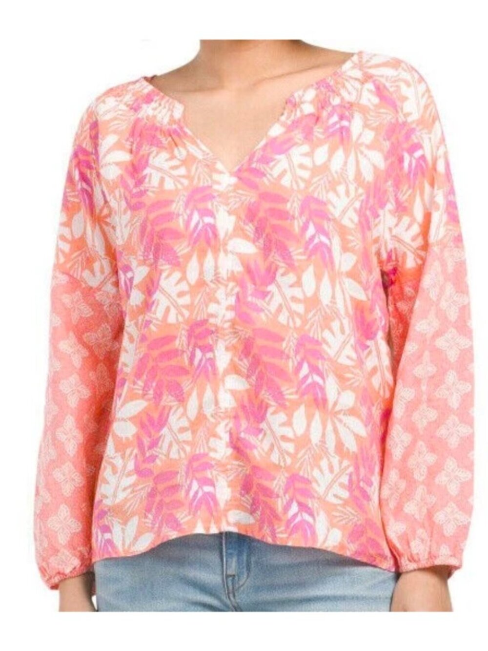 Sigrid Olsen 100% Linen Tropical Print Peasant Blouse Size Small Pink Orange